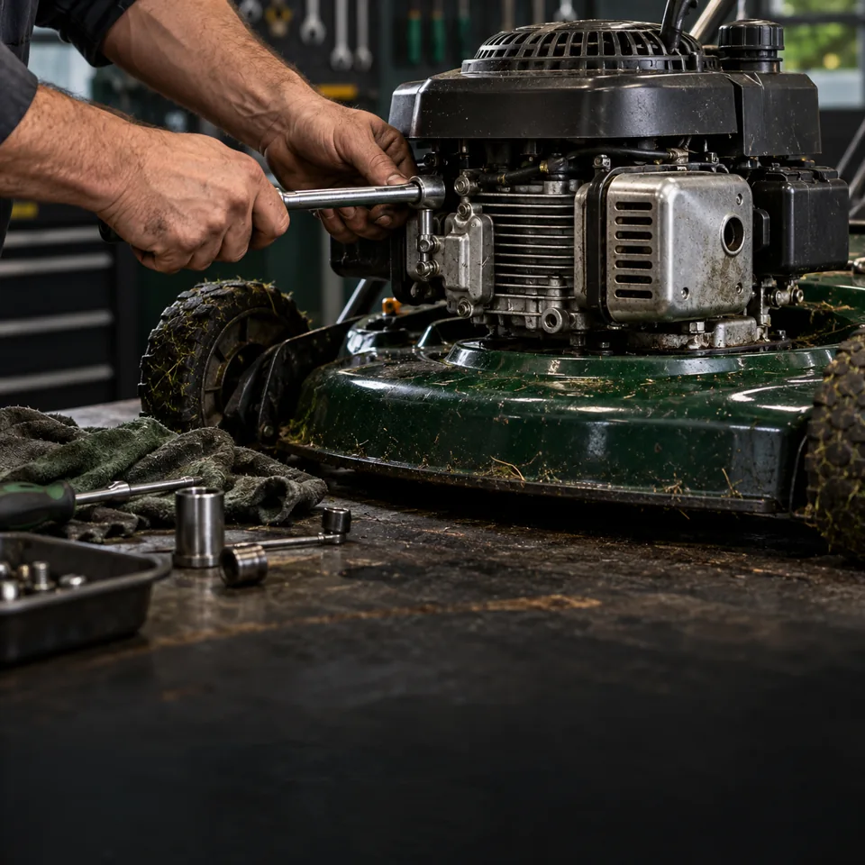Illustration of a mechanic servicing a small lawn mower engine on a workshop bench